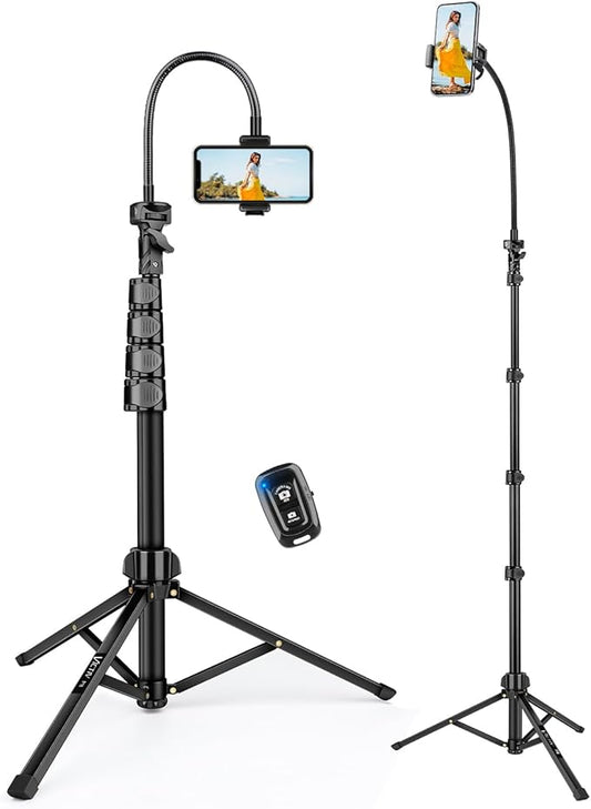 Phone Tripod, 85" Tall Tripod for iPhone with Remote, Gooseneck and Phone Holder, Overhead Phone Stand for Video Recording Watching Cooking Fitness Vlog, Compatible with iPhone Android, Black