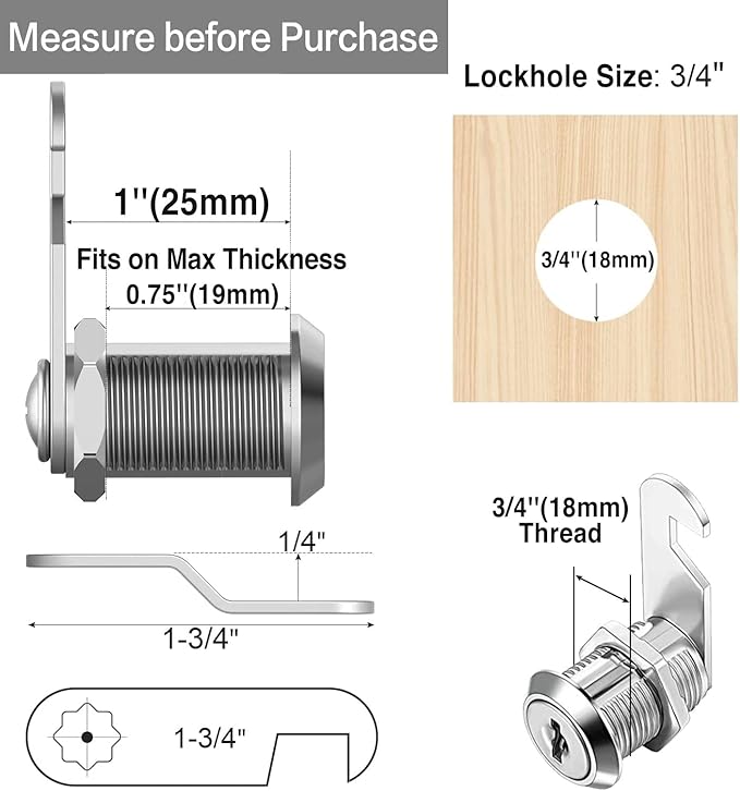 Sartatue Cabinet Cam Locks Keyed Alike, 1'' Fits on 3/4'' Max Door Thickness, Secure File Drawer Mailbox RV Storage Replacement Set, Zinc Alloy (1 Inch 2Pcs)