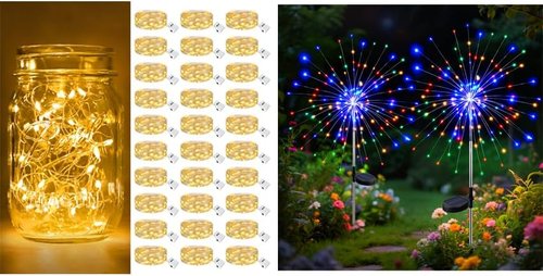 Btfarm Fairy Lights - 30 Pack Battery Operated & 2 Pack Solar Firework Lights | 3 & 8 Modes