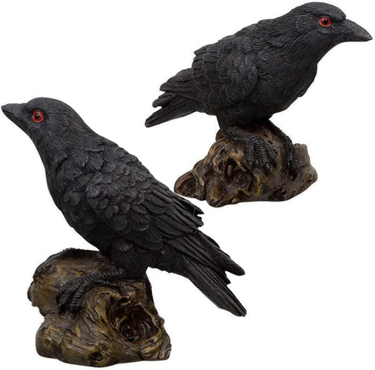 Skiennix 2PCS Resin Crow Raven Statues - Black Bird Halloween Decor | Realistic Model