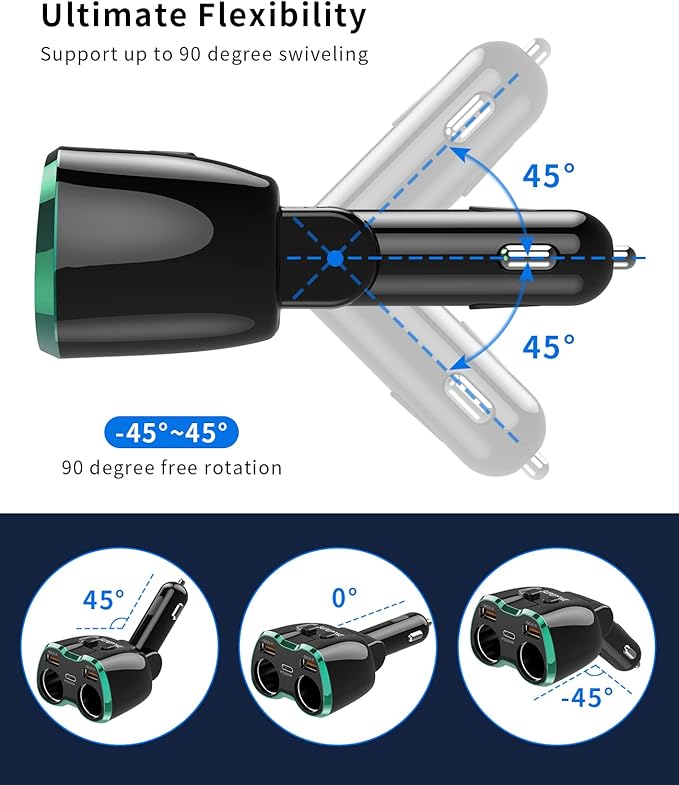 [2026 Upgraded] Cigarette Lighter Splitter, SUPERONE 180W 2-Socket Cigarette Lighter Adapter with Dual QC3.0 and 20W PD USB C Car Charger Splitter for GPS/Dash Cam/Laptop/iPad/iPhone 17/16/15/14/13/12
