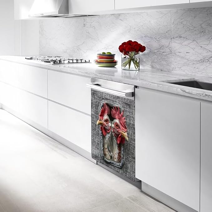 Wood Board and Rooster Wallpaper Dishwasher Magnet Cover Panel Kitchen Decorative Magnetic Refrigerator Front Door Cover Sticker,23W x 26H inchs