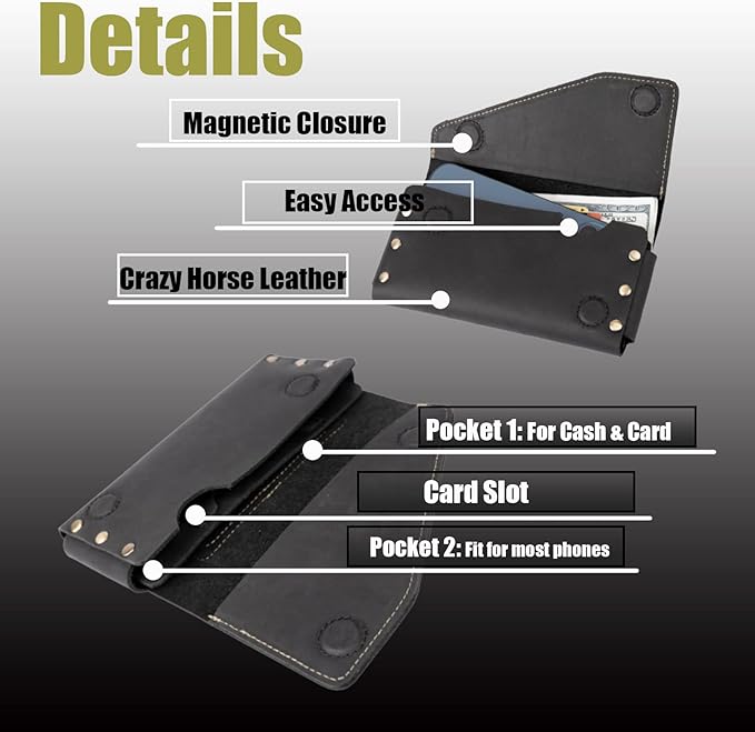 Topstache Belt Loop Leather Cell Phone Holster for iPhone 17/16/15 Pro Max, Galaxy S25/S24 Ultra - Magnetic Closure Cell Phone Pouch - Leather Belt Holder Fit Protective Case on, XL,Black