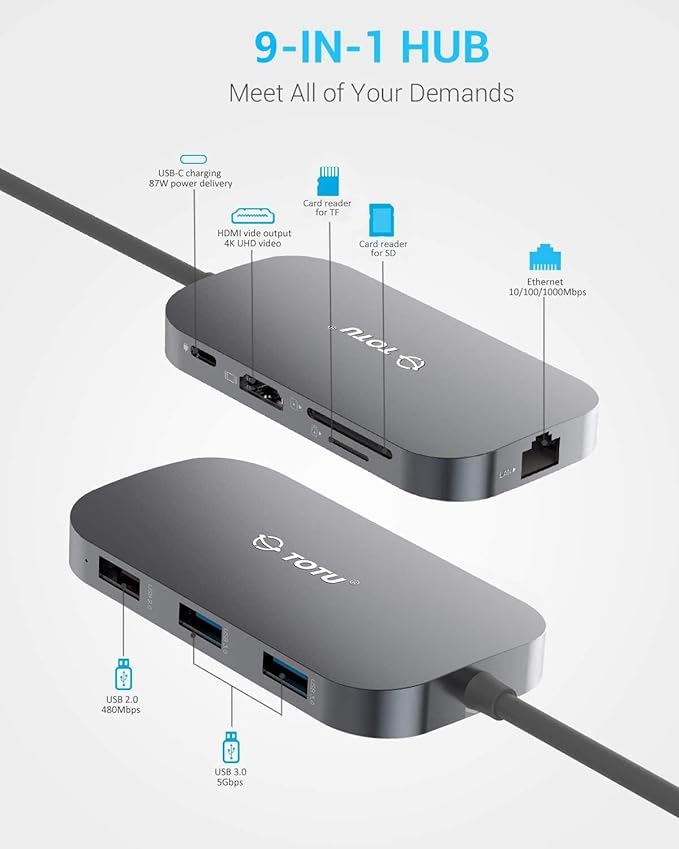 USB C Hub, Docking Station, 9-in-1 Type C Hub with Ethernet Port, 4K USB C to HDMI, 2 USB 3.0 Ports,1 USB 2.0 Port, SD/TF Card Reader, USB-C Power Delivery, Portable for Mac Pro and Other Type