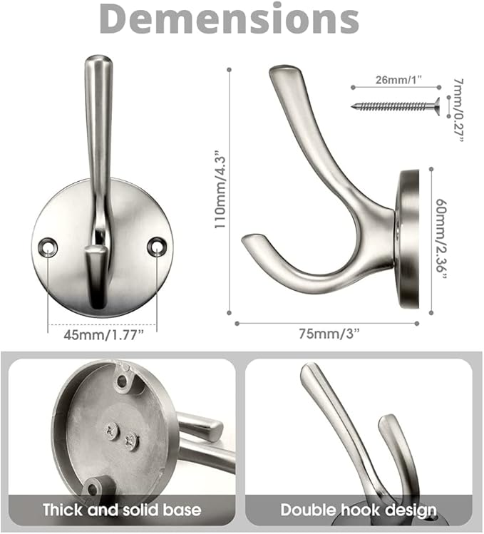 NETLKLA 4 Pack Brushed Nickel Coat Hooks - Silver Robe & Towel Hooks for Bathrooms & Kitchen