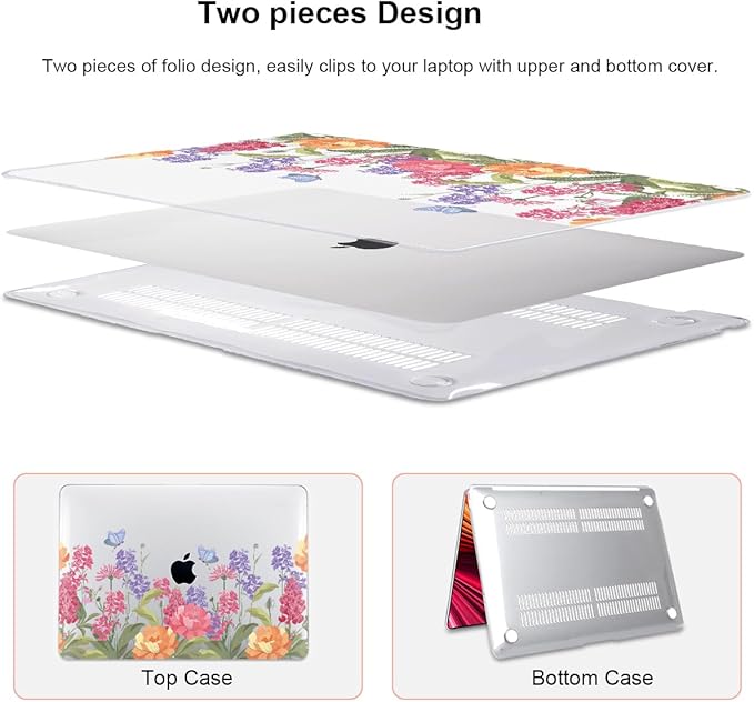 LCMOCICO for MacBook Pro 13 Inch Case 2022 2021 2020 Release A2338 M2 M1 A2251 A2289, Plastic Hard Shell Case for MacBook Pro 13.3 inch with Touch Bar & Touch ID, Pink & Purple Flowers