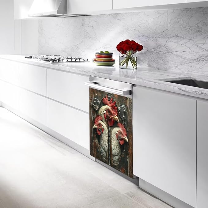 Wood Board and Rooster Painting Dishwasher Magnet Cover,Fridge,Refrigerator Magnetic Panel Decals,Home Appliances Cabinet Magnets Sticker 23W x 26H inchs