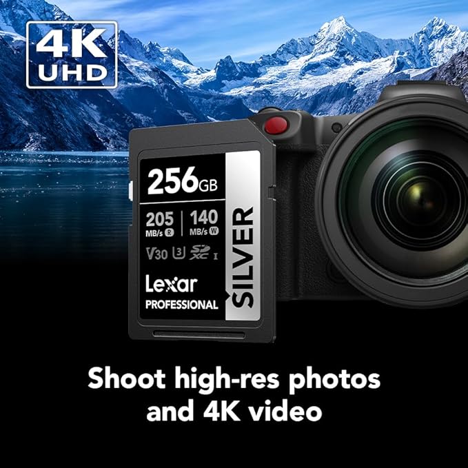 Lexar 256GB Professional Silver SD Card, UHS-I, C10, U3, V30, 4K, Up to 225/160 MB/s SDXC Memory Card, for Photographer, Videographer, Enthusiast (LSDSILV256G-BNNNU)