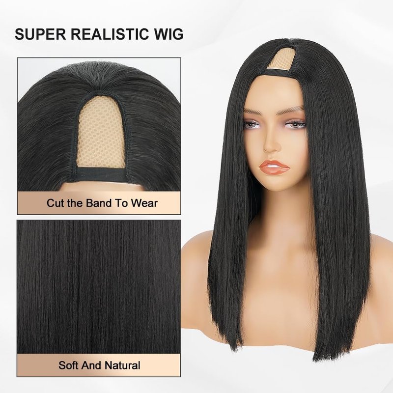 Emistar Black V Part Wig Kinky Straight Wig Upgrade U Part Synthetic Wigs for Black Women Full Head Clip In Hair Glueless Blend Human Hair Replacement Synthetic Wigs Natural Scalp (Black2.0, 14 Inch)