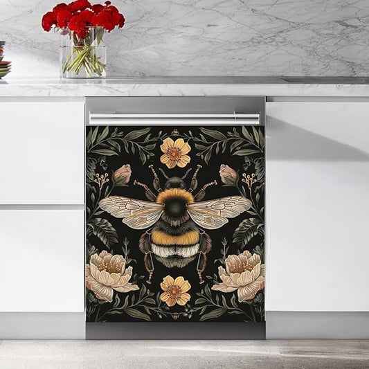 Flower and Bee Wallpaper Dishwasher Magnetic Cover Sticker Magnetic Refrigerator Full Door Cover Sticker Kitchen Decor Panel Decal 23W x 26H inchs