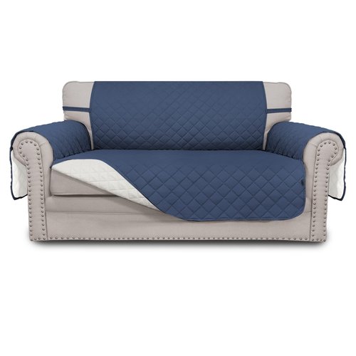 Easy-Going Reversible Loveseat Couch Cover for 2 Cushion Couch Sofa Cover for Dogs Water Resistant Furniture Protector with Foam Sticks Elastic Straps for Pet (Loveseat, Dark Blue/Ivory)