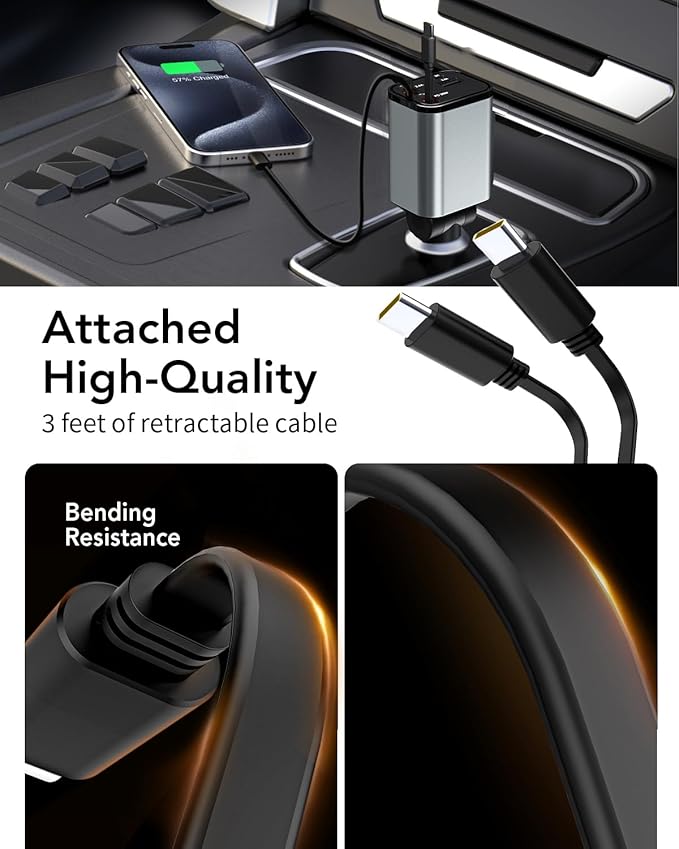 Retractable Car Charger,Car Phone Charger USB C Fast Charge,Cigarette Lighter USB Charger Car Accessories for Women,Road Trip Essentials Gift for Men,Car Charger for iPhone 17/16/15,Galaxy S26,Pixel