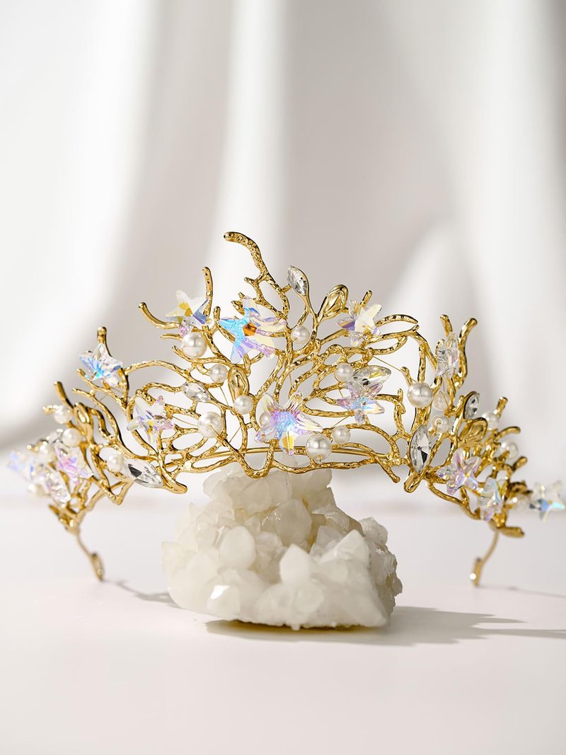 SWEETV Mermaid Tiara for Girls Women, Gold Princess Crown Diadem, Jeweled Headpiece Costume Hair Accessories for Birthday Prom Quinceanera Halloween