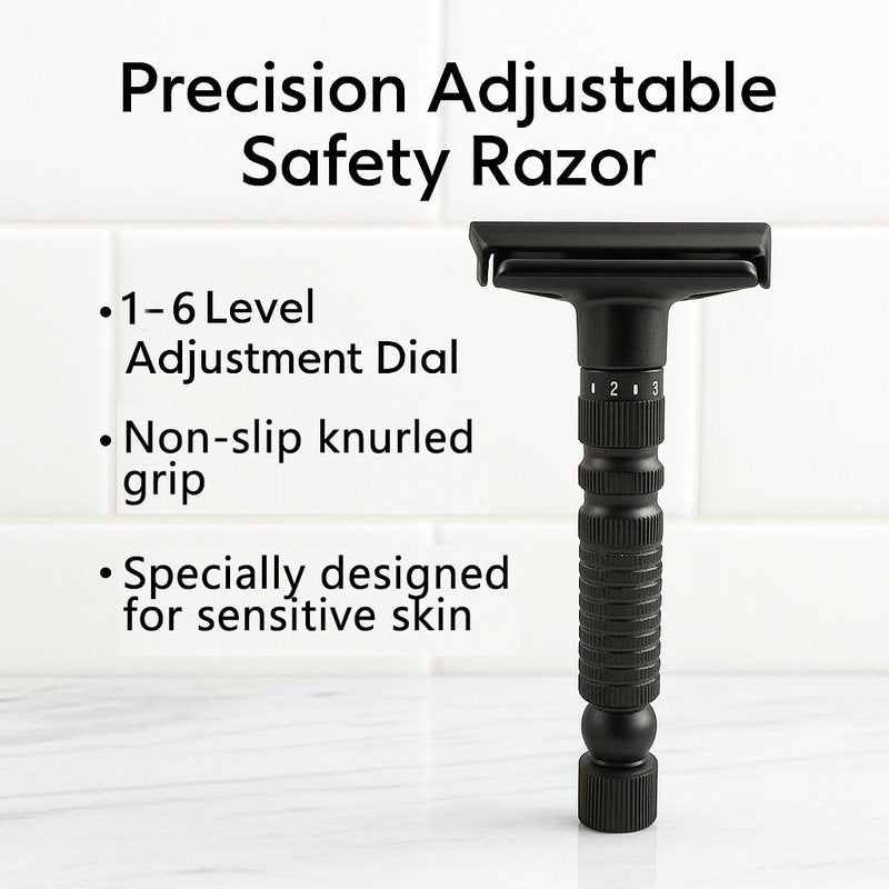 6-speed adjustable dual-blade safety razor with 10 platinum-coated stainless steel blades. Includes optional stand. Comes with complimentary travel pouch. (Black + base + holster)