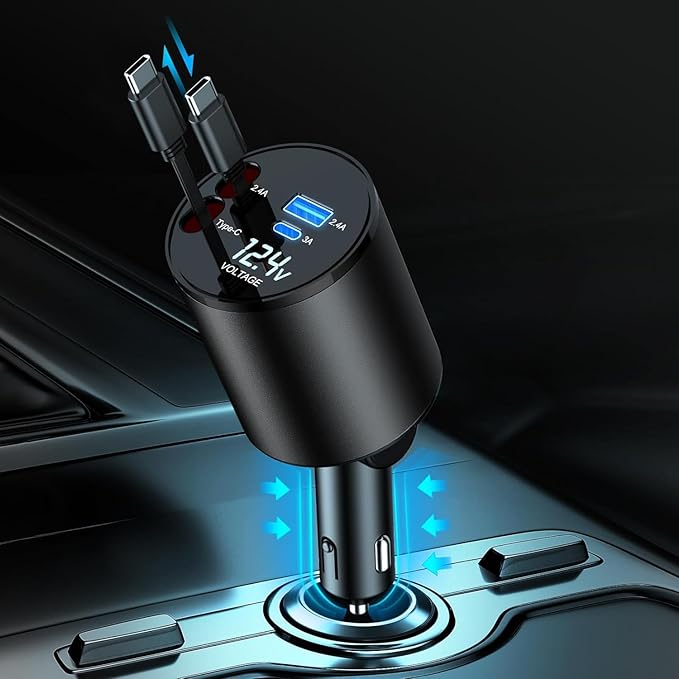 Retractable Car Charger, 4 in 1 Super Fast Car Phone Charger 60W, 2 Retractable Cables and 2 USB Ports Car Charger Adapter,Compatible with iPhone 17/16/15/14/13/12/11,Air-Pods Pro 3/4,Galaxy,Pixel
