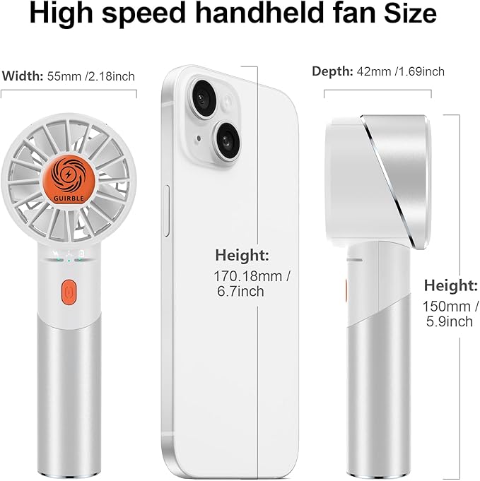 Guirble Handheld Fan,Portable Turbo Fan,Powerful Personal Fan(7000rpm High-Speed Motor,Battery Work 3-16 H),USB Rechargeable Mini Handheld Fan for Travel/Outdoor/Gift/Makeup (Silver White)