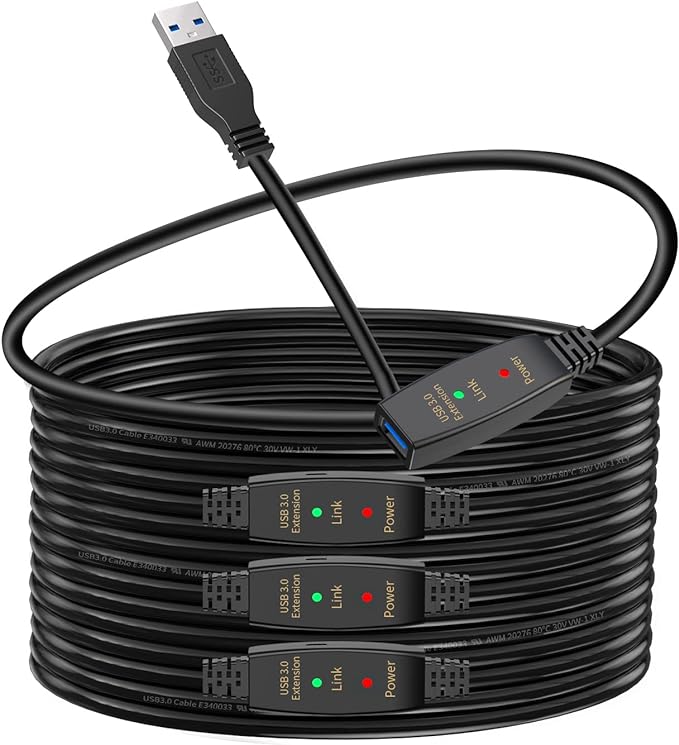 LDKCOK 100ft Active USB 3.0 Extension Cable, Male to Female USB Extender with 3 Signal Boosters, SuperSpeed 5Gbps Data Cord (Micro USB Power Cable Included) for Webcams, Printers, VR, Security Cameras