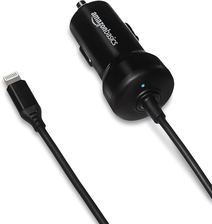 Amazon Basics 12W (5V, 2.4A) Fast Car Charger with Coiled Lightning Cable, MFi Certified for iPhone, iPad and Apple Devices, 1.5 ft, Black