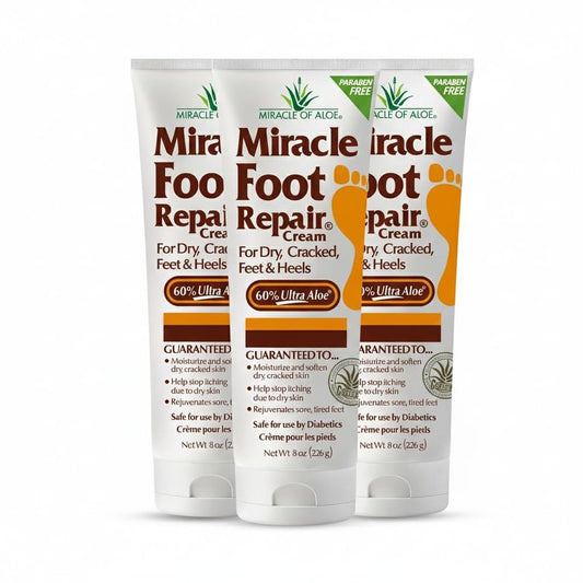 Miracle Foot Repair Cream (8 oz / 3-Pack) Repairs Dry Cracked Heels and Feet, 60% Pure UltraAloe Moisturizes, Softens, and Repairs