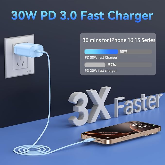 Phone 17 16 15 Charger Fast Charging,30W USB C Phone 17 16 15 Pro Max Charger Block &10FT Long Type C Cable Cord for i.Phone 17/Air/17 Pro/17 Pro Max/16/16 Plus/16 Pro/16 Pro Max/15/15 Pro Max,Blue