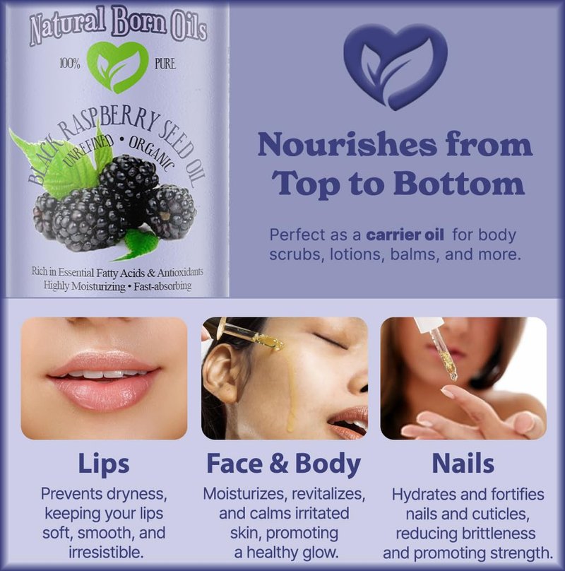 Natural Born Oils Black Raspberry Seed Oil, 16oz, Organic, Cold-Pressed, High in Ellagic Acid, Skin Moisturizer, Hair Health