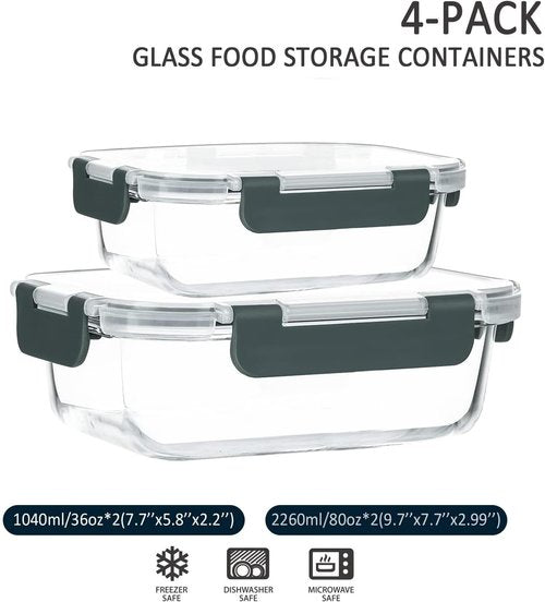 M MCIRCO Extra Large Glass Food Storage Containers Set - 80 oz & 36 oz Airtight, 4 Pack for Baking & Meal Prep