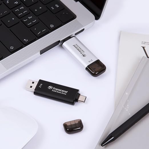 Transcend ESD310 512GB External SSD, Up to 1,050MB/s, Dual USB Flash Drive for iPhone/iPad/Mac/Windows/Android/Tablet/PC, USB3.2Gen2 Thumb Drive Photo Stick, 2-in-1 Type C &Type A Memory Stick-Silver