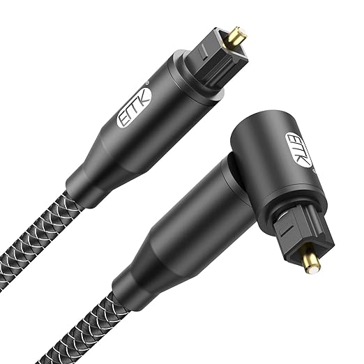 EMK 90 Degree Right Angle Optical Audio Cable [11ft/3.6M] - 360° Rotatable Digital Toslink SPDIF Cable for Soundbar to TV, Home Theater - Black Fiber Optic Cable with Angled Connector