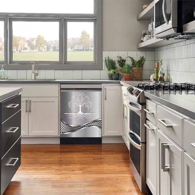 Stainless Steel Design Tree Pattern Dishwasher Magnetic Cover Sticker Refrigerator Door Panel Fridge Appliance Magnet Decal Sheet Kitchen Decor 23x26 inch