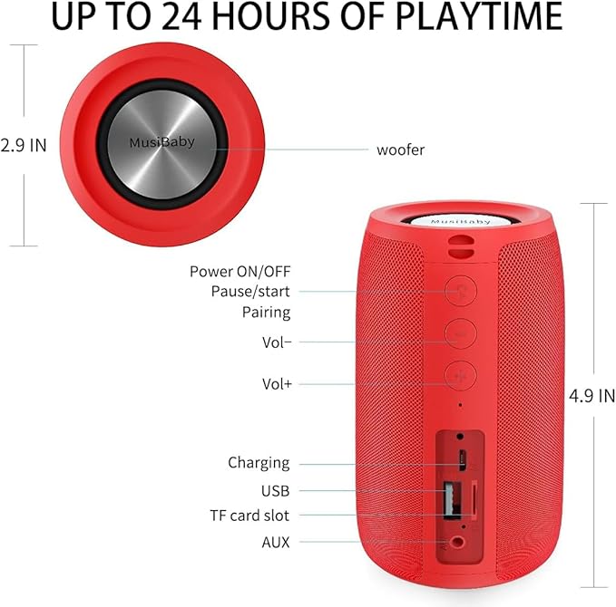 Musibaby M68 Bluetooth Speaker, 12W, IPX5, FM, USB AUX, Pure Red