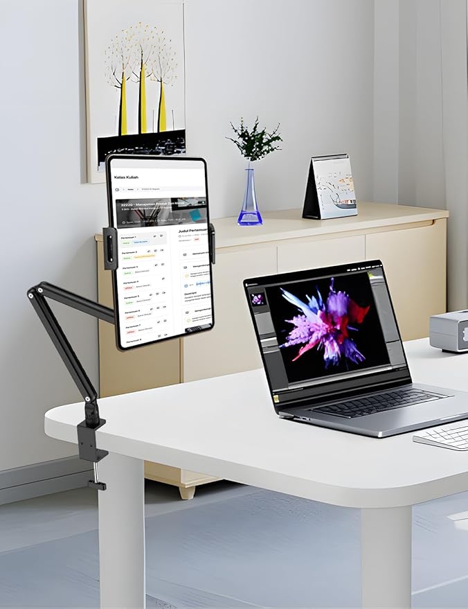 Yumecamp Triple Arm Tablet Stand, Heavy Duty Aluminum iPad Holder with Desk Clamp, 360° Rotating Mount for 4.7-15.6" iPad/iPhone/Portable Monitors – Sturdy No-Shake Design for Kitchen,Work
