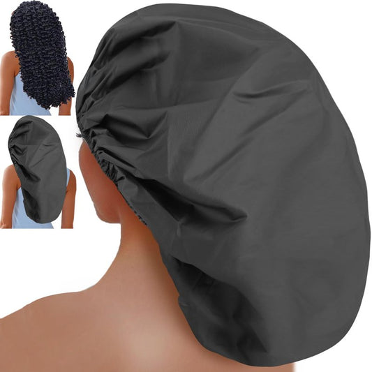 Sheomern 3 Pcs Super Jumbo Adjustable Satin Lined Shower Caps for Long Hair & Braids, Extra Large Shower Cap for Women & Men, Reusable XL with Waterproof Edge for Dreadlocks, Locs (Black)