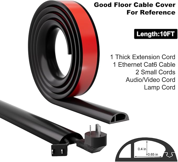 Kneelisa 10FT Side-Open Extension Cord Covers for Wires on Floor,Silicone Power Cable Protector Cord Hider Management Strip,Hide Electric Wire on Carpet,Chord Runner Protective Safety,Black