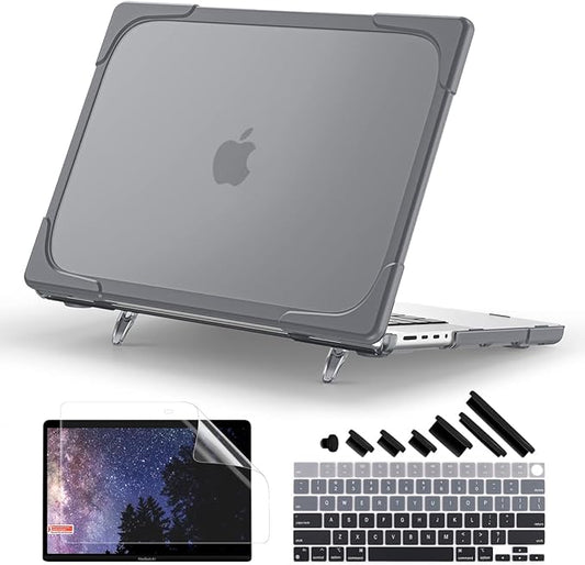 Batianda Heavy Duty Case for New MacBook Pro 16 inch 2026 M5 2024 M4 2023 M3 2021 M2 Pro Max Chip- Ergonomic Foldable Kickstand (Holds 22lbs/Zero Wobble) Matte Translucent Rugged Armor Cover, Gray