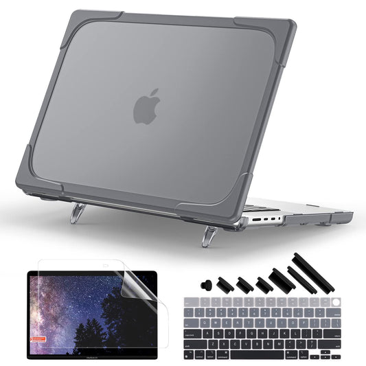 Batianda Heavy Duty Case for New MacBook Pro 16 inch 2026 M5 2024 M4 2023 M3 2021 M2 Pro Max Chip- Ergonomic Foldable Kickstand (Holds 22lbs/Zero Wobble) Matte Translucent Rugged Armor Cover, Gray