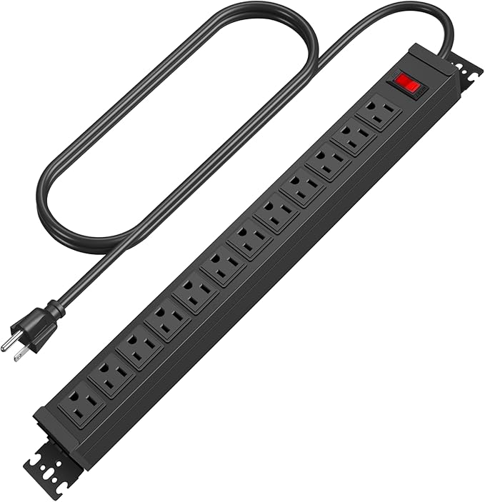 HHSOET Rotating Mountable Power Strip, 12 Outlet Wall Mount Surge Protector, 1200J, Metal Heavy Duty and Versatile Outlet Strip, Stylish Appearance, Sturdy and Durable, 15ft Power Cord.(Black)