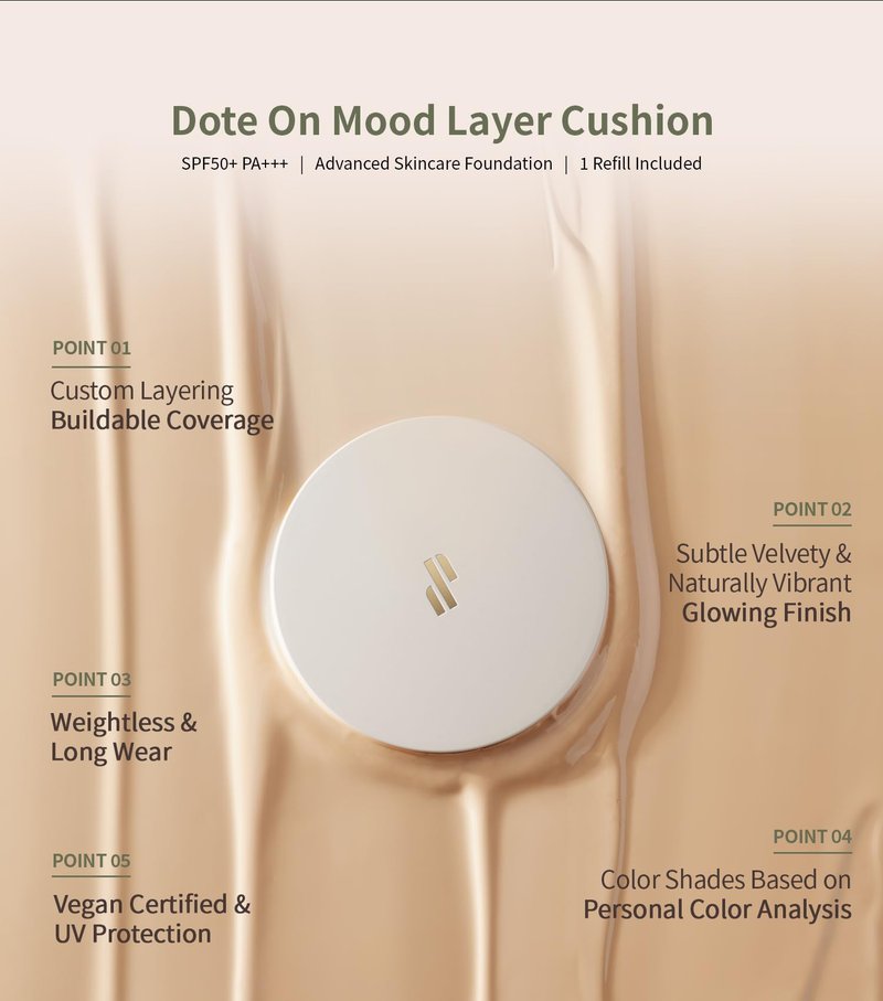 Heart Percent Dote on Mood Layer Cushion SPF 50+/PA+++ with Refill, Satin Glow Silky Flawless Finish Full Coverage Advanced Skincare Foundation (#23N)