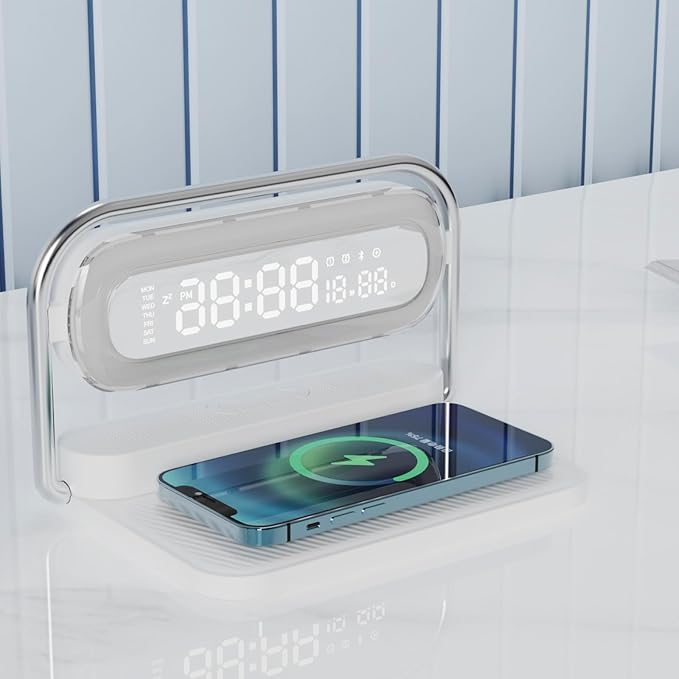 OTXKOO 4-in-1 Multifunction Mobile Wireless Charger with Colorful Night Lights, Bluetooth Speaker, Digital Clock Alarm ; M11