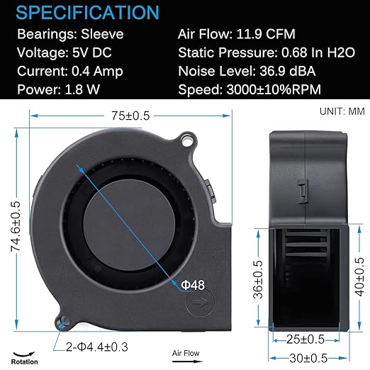 GDSTIME 75mm X 30mm USB Blower Fan with 3 Speeds Control, 5V Powered DC Brushless Turbine Turbo Cooling Fan