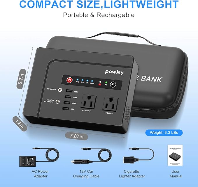 powkey Portable Power Station 200W, 146Wh Portable Solar Generator Battery Pack with 2 Pure Sine Wave AC Outlets/4 USB A/1 DC Port, Lithium Battery Backup Power Supply for Camping Travel Outdoor Home
