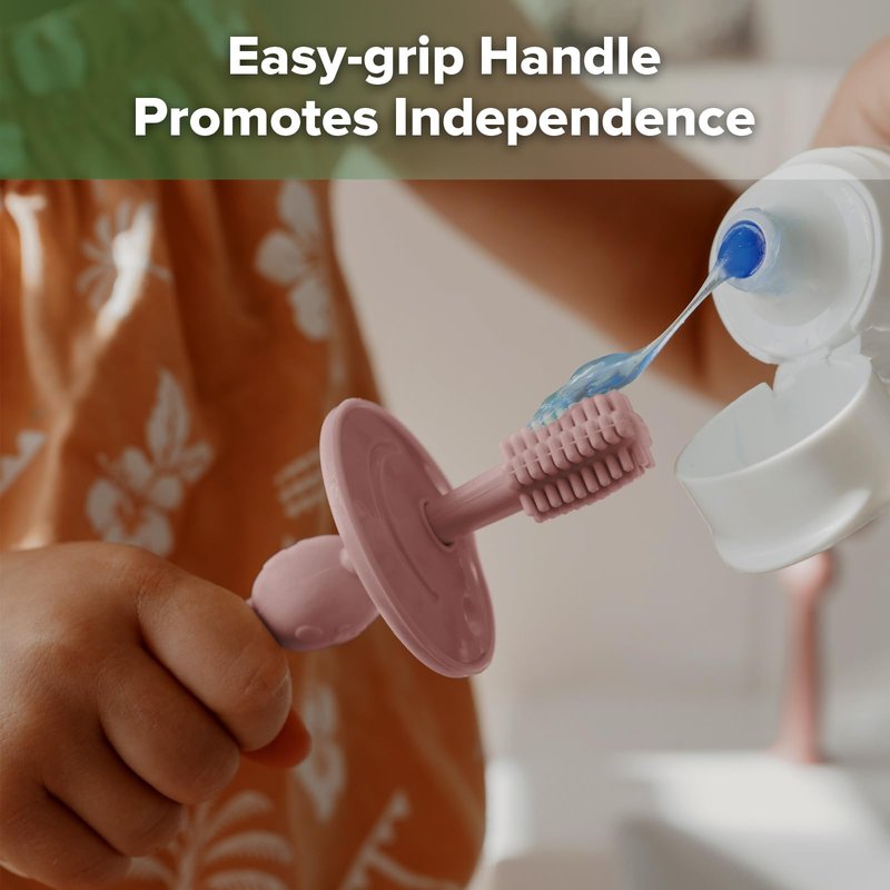 haakaa 360° Silicone Baby Toothbrush, Soft Infant First Brush, Tongue, Gum & Teeth Cleaner for 6M+, BPA-Free with Safety Shield and Suction Base - Blush (1 Piece)