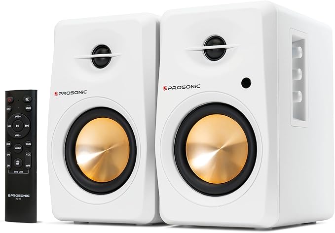 Prosonic BT30 White Bookshelf Speakers - Active Bluetooth 5.3 Powered Studio Monitors, 80W Desktop Computer Audio System with Optical/Coaxial/Aux for Turntable, Home Theater, TV & PC