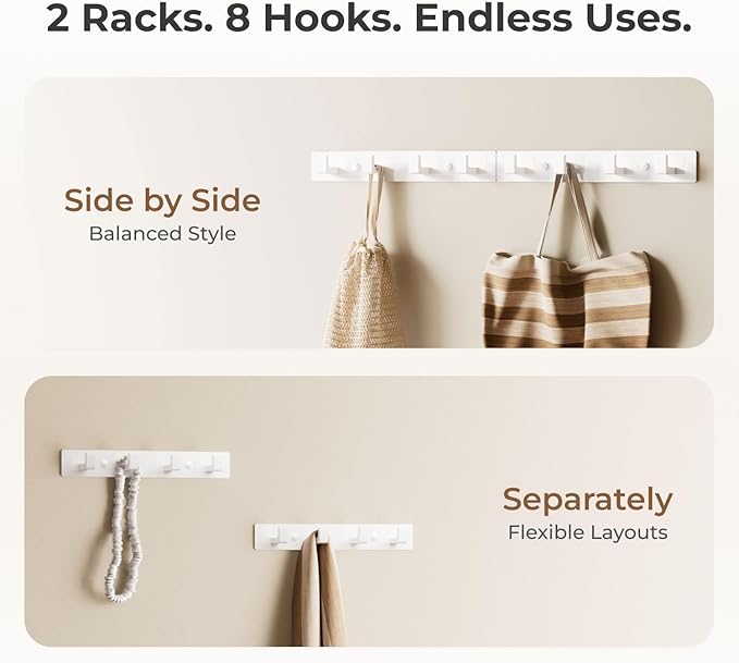 GWAAZXGZ White Wall Mounted Coat Rack - 2 Modular Rails (25'' Total), 8 Right-Angle Hooks, Modern Organizer for Entryway, Bathroom, Bedroom, Holds Coats, Towels, Hats