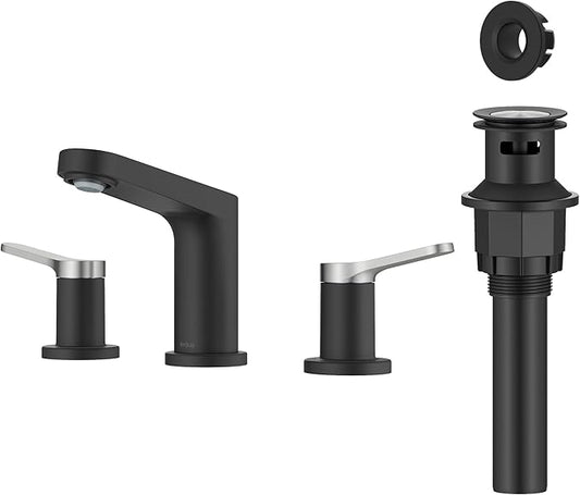 KRAUS Indy Widespread Bathroom Faucet in Spot-Free Brushed Nickel/Matte Black with 2 Handles, Pop Up Drain and Supply Lines, FUS-14103SFBNMB