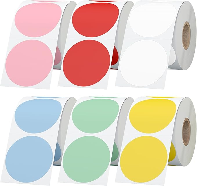 StickerTag 6 Rolls 2 Inch 6-Color Assorted Circle Direct Thermal Stickers Labels, Self-Adhesive Round Direct Thermal Labels for Business, DIY, Code, Name Tag, Envelope Seal - 4500 Labels
