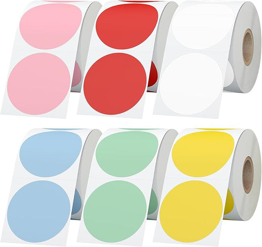 StickerTag 6 Rolls 2 Inch 6-Color Assorted Circle Direct Thermal Stickers Labels, Self-Adhesive Round Direct Thermal Labels for Business, DIY, Code, Name Tag, Envelope Seal - 4500 Labels