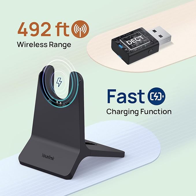 Yealink WH64 Hybrid Wireless Headset with Mic for Work, Mono Headset with Charge Stand, Bluetooth & DECT Dongle for PC/Computer/IP Phone/Cell Phones, Teams, Zoom, 492 ft Range, 26H Talk Time