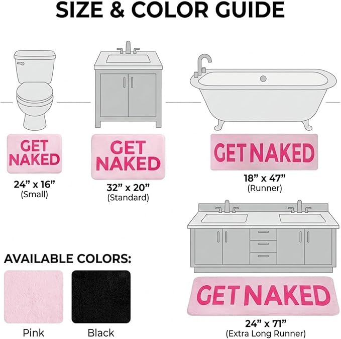 Pink Get Naked Memory Foam Bath Mat 32x20 Inch, Funny Bathroom Rugs, Cute Dorm, Apartment Decor, Soft Non Slip Absorbent Mats for Shower, Vanity