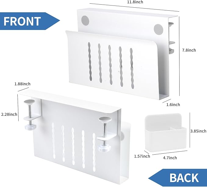 osseph Desk Side Storage Organizer, Under Desk Laptop Holder with Magnetic Pen Holder, No Drill Hanging Desks Caddy for Office & Home, Clamp On Desk Shelf for Tablet, Files, Accessories (White)