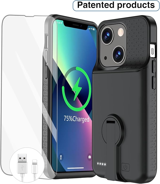 GIN FOXI Battery Case for iPhone 13/13 Pro/14/14 Pro Rechargeable Charging Case with Stand 7000mAh Ultra-Slim Anti-Fall Protection Extended Charger Cover for 14/14Pro/13/13 Pro 6.1" Black